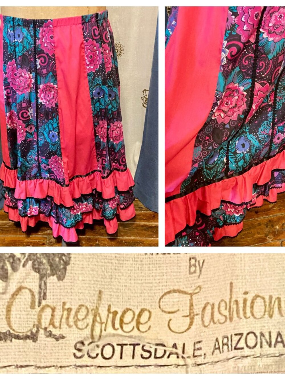 VTG Carefree Fashions Scottsdale Arizona Floral Skirt Boho Cottagecore Ruffle XL